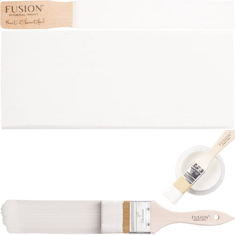 Fusion Mineral Paint Victorian Lace sample swatch with two brushes displaying the multi-tone white shade.