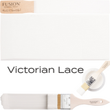 Victorian Lace Fusion Mineral Paint in can, on brushes, and painted on a surface.