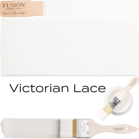 Victorian Lace Fusion Mineral Paint in can, on brushes, and painted on a surface.