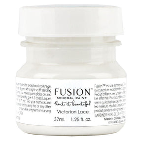 37mL Fusion Mineral Paint jar, Victorian Lace (multi-tone white) with a white screw cap.