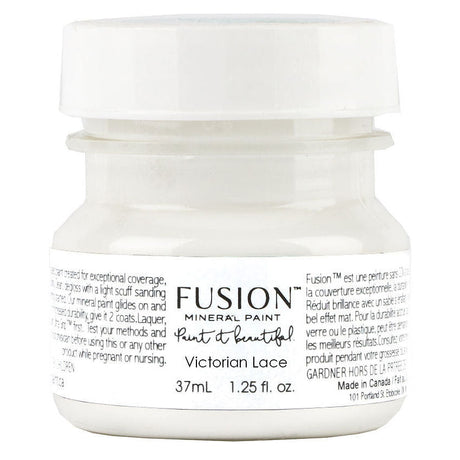 37mL Fusion Mineral Paint jar, Victorian Lace (multi-tone white) with a white screw cap.