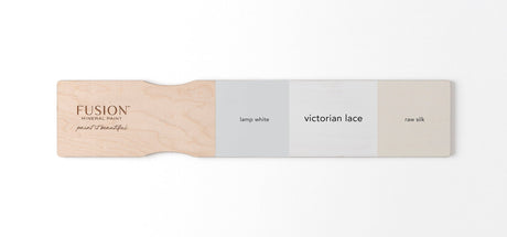 Fusion Mineral Paint board displaying Lamp White, Victorian Lace, and Raw Silk colors from left to right.