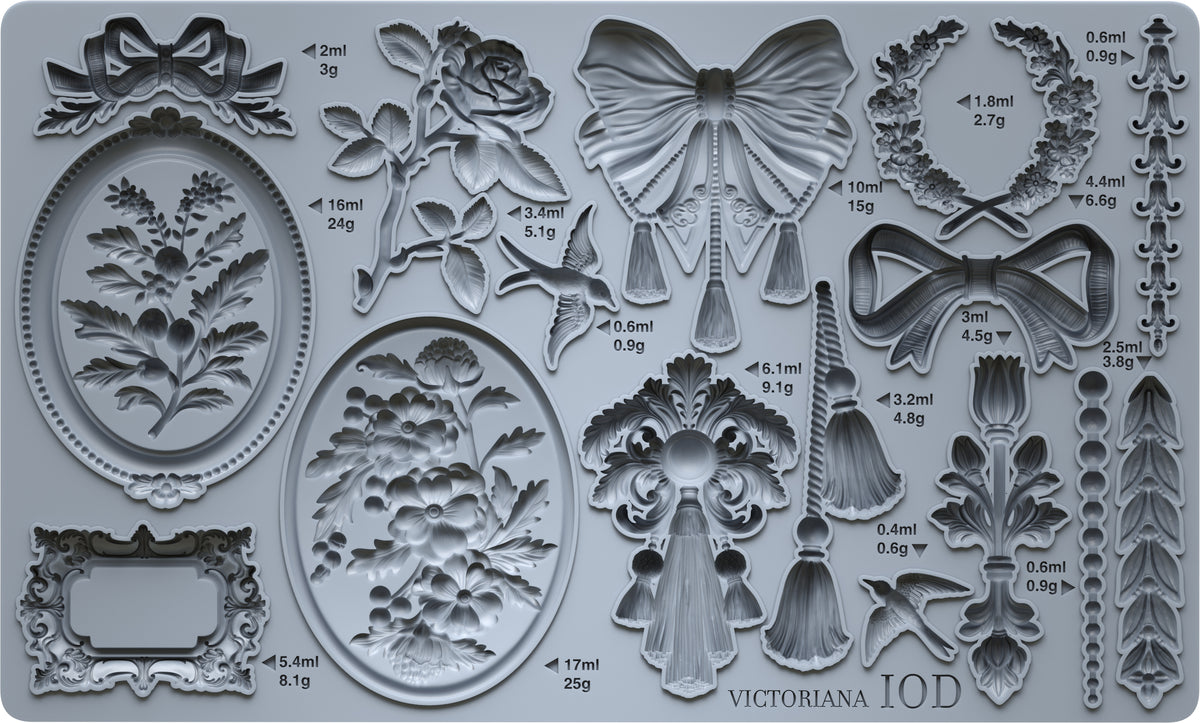 Victoriana Mould by I.O.D. featuring ornate Victorian florals, bows, frames, and volume labels.