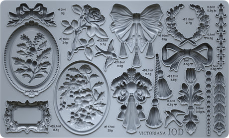 Victoriana Mould by I.O.D. featuring ornate Victorian florals, bows, frames, and volume labels.