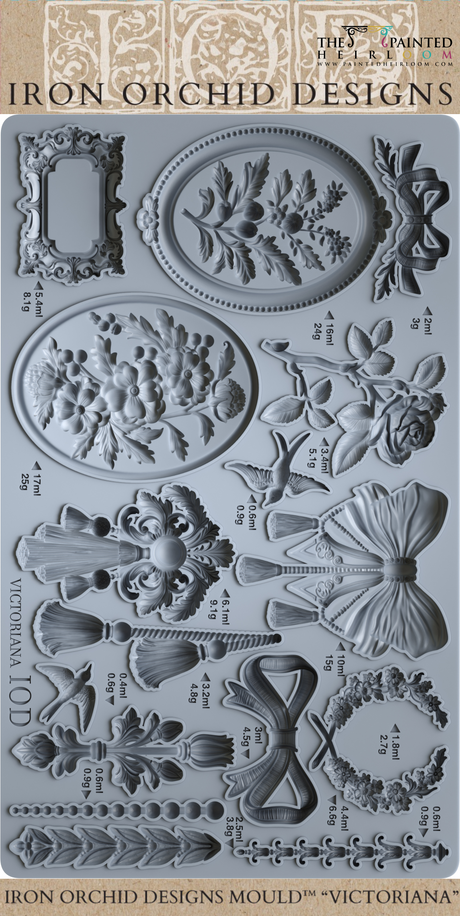 Victoriana Mould by IOD with ornate floral, frame, bow, and cameo silicone designs by Iron Orchid Designs.