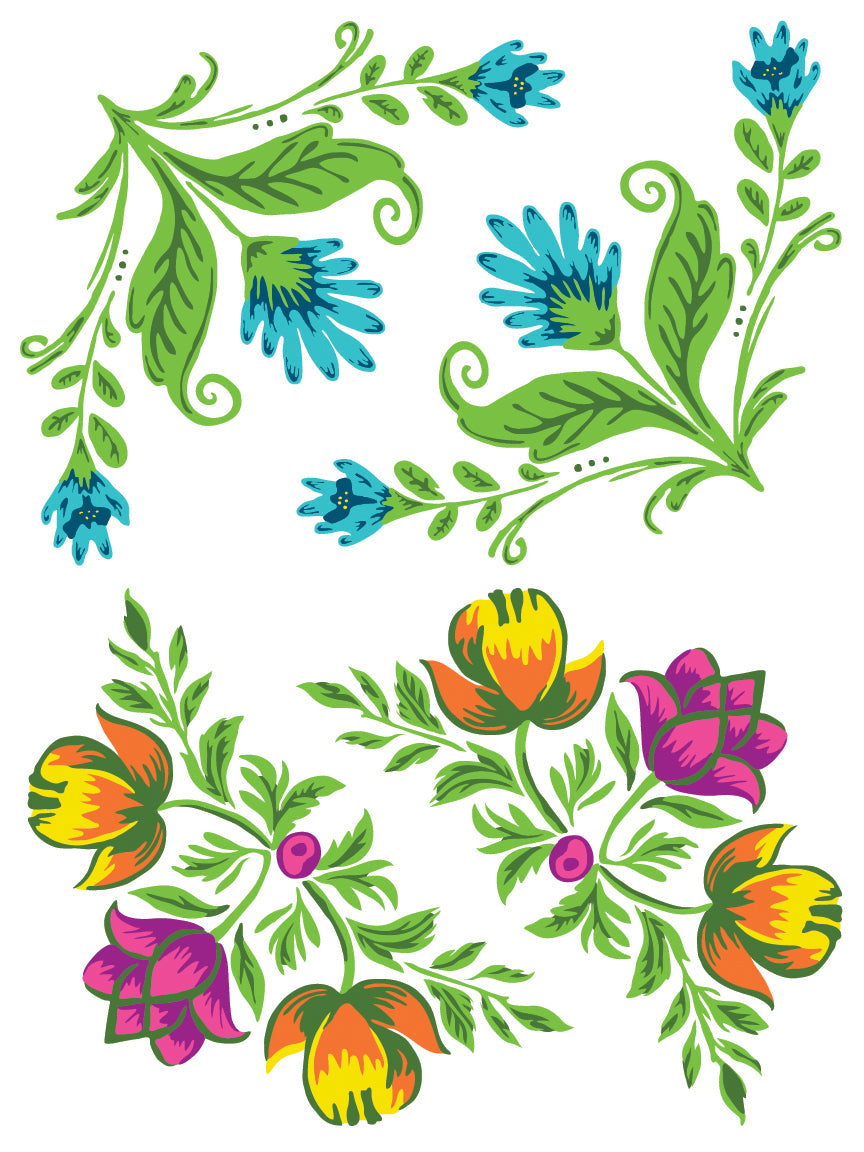 Two DIY floral illustration sets inspired by IOD Vida Flora Paint Inlay by Debi Beard on a white background.