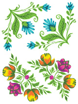 Two DIY floral illustration sets inspired by IOD Vida Flora Paint Inlay by Debi Beard on a white background.