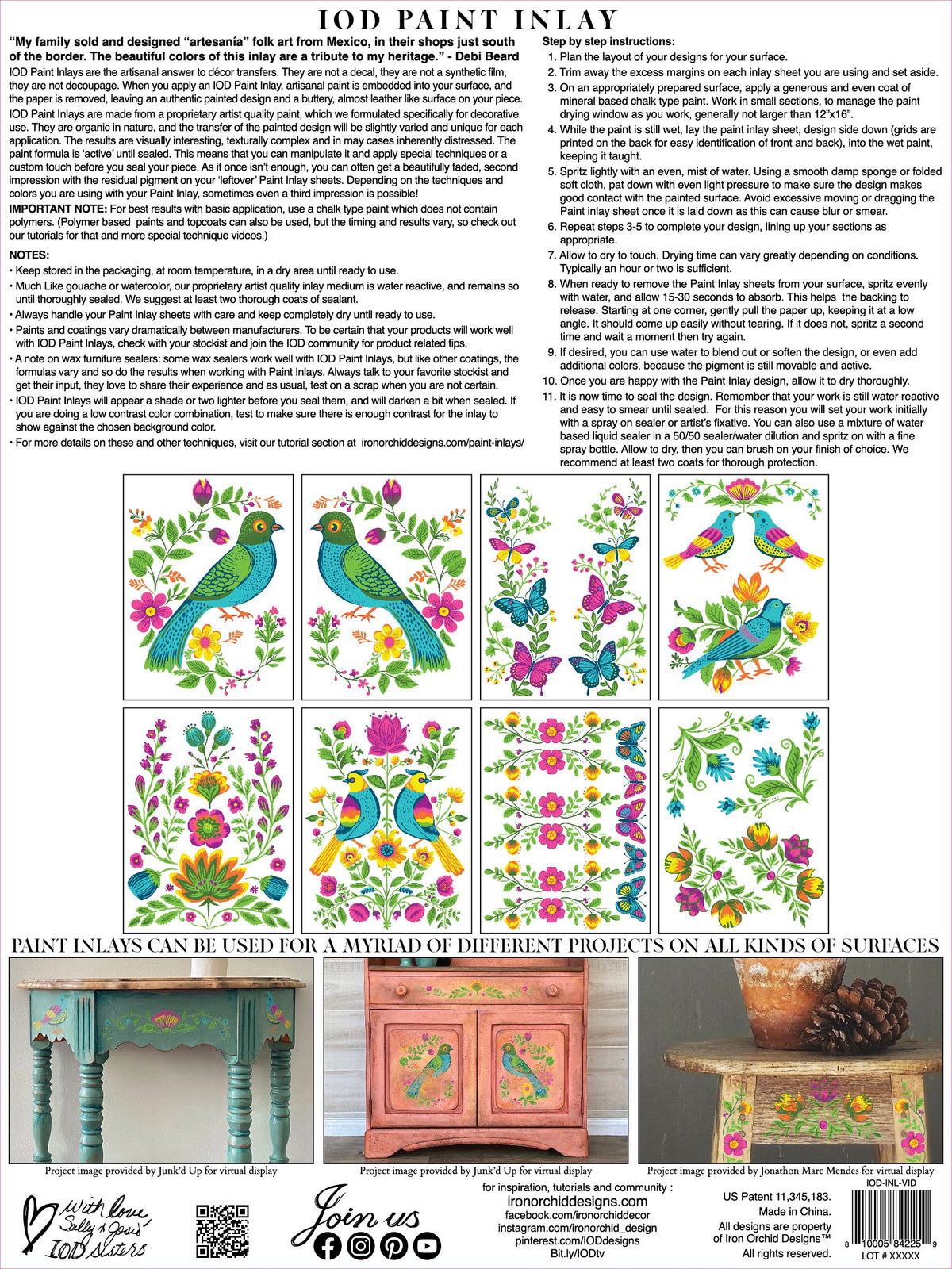 I.O.D. Vida Flora Paint Inlay instruction sheet by Debi Beard with bird and floral designs in nine squares.