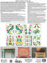 I.O.D. Vida Flora Paint Inlay instruction sheet by Debi Beard with bird and floral designs in nine squares.