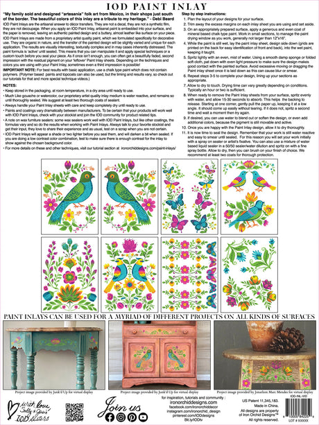 I.O.D. Vida Flora Paint Inlay instruction sheet by Debi Beard with bird and floral designs in nine squares.