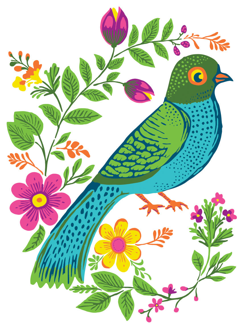 Green and blue bird with I.O.D. Vida Flora Paint Inlay blooms by Debi Beard.