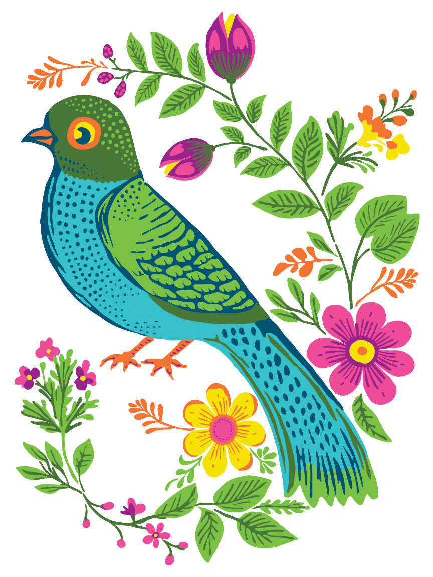 Green and blue bird among flowers, inspired by Vida Flora Paint Inlay by Debi Beard for I.O.D. DIY projects.