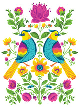 Two colorful birds among flowers, I.O.D. Vida Flora Paint Inlay by Iron Orchid Designs, Debi Beard.