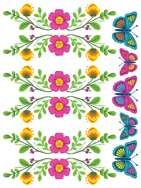 Four rows of pink and yellow blooms with green leaves made using I.O.D. Vida Flora Paint Inlay by Iron Orchid Designs.