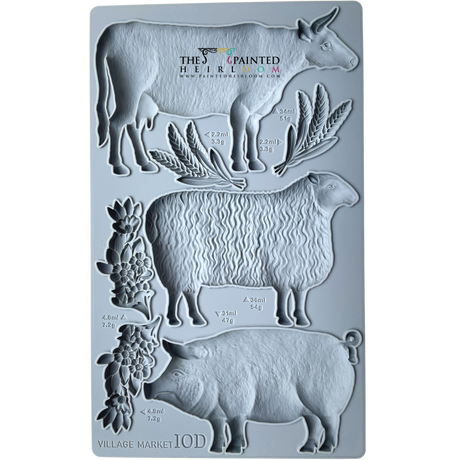 Village Market Mould by I.O.D. with farm animals, plants, and volume labels in durable silicone.