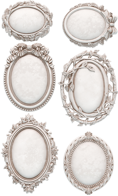 Set of six I.O.D. ornate oval frames featuring floral and beaded designs for jewelry moulds.