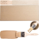 Vintage Gold Metallic Fusion Mineral Paint with brush and color swatches on a white background.