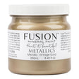 250mL jar of Fusion Mineral Paint in Vintage Gold with mica pigments, white lid, and branded label.