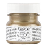 Fusion Mineral Paint Vintage Gold Metallic 37ml jar, label highlights shimmering mica pigments.