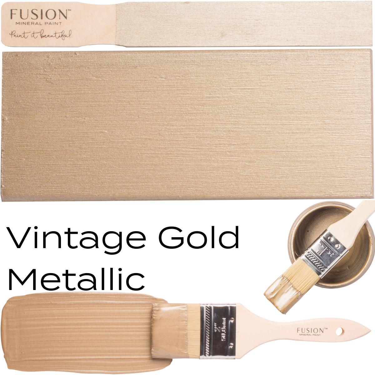 Fusion Mineral Paint Vintage Gold Metallic with mica pigments on brush and swatch display.