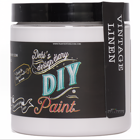 Jar of DIY Paint Co. Vintage Linen clay-chalk paint with a black and colorful front label.