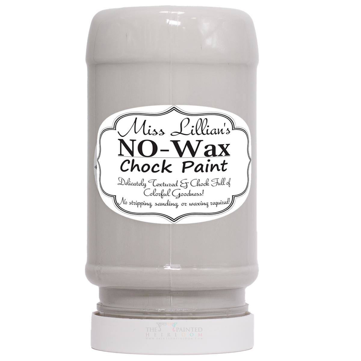 Miss Lillian’s Vintage Storm No-Wax Chock Paint jar in gray with black and white label.