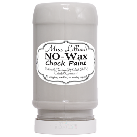 Miss Lillian’s Vintage Storm No-Wax Chock Paint jar in gray with black and white label.