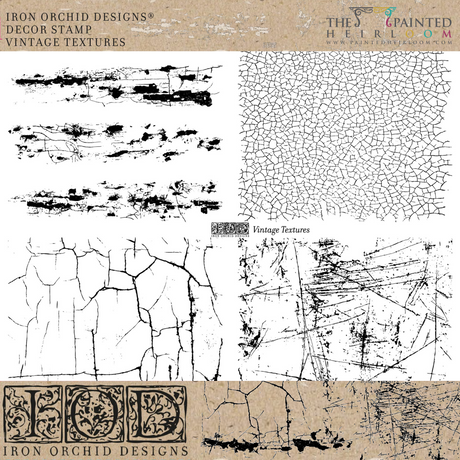 Six I.O.D. Vintage Textures Stamps with black distressed patterns on beige by Iron Orchid Designs.