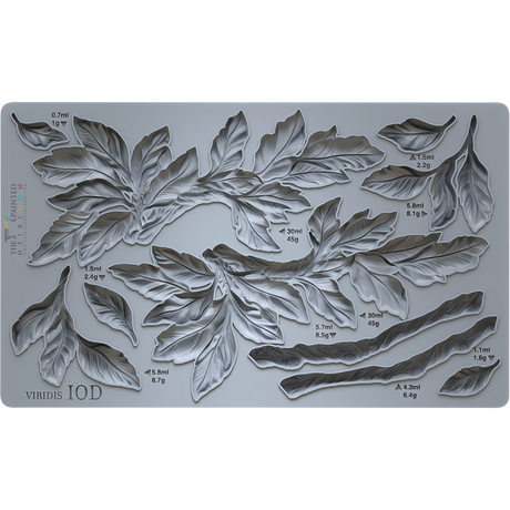 Viridis Mould by I.O.D., gray silicone with leaf sections labeled for volume and weight.