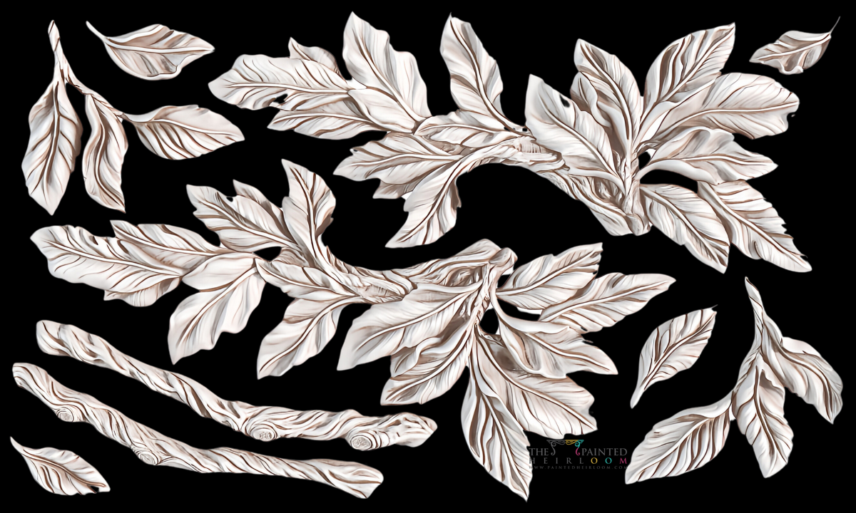 White leaves with brown veins on black, design made using Viridis Mould by IOD from Iron Orchid Designs.