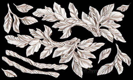White leaves with brown veins on black, design made using Viridis Mould by IOD from Iron Orchid Designs.