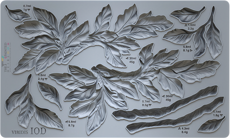 Viridis Mould by IOD with gray leafy branch designs, each labeled with liquid and gram measurements.