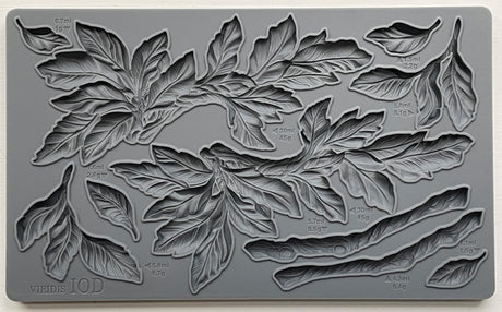 Viridis Mould by IOD, gray silicone mould with leaf and branch shapes, volume and weight marks by Iron Orchid Designs.