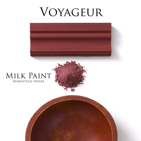 Homestead House Voyageur Milk Paint with wood trim, red powder, and bowl shown for coverage demonstration.