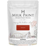 330g Homestead House Voyageur Milk Paint bag with coverage, caution, and warning information shown below.