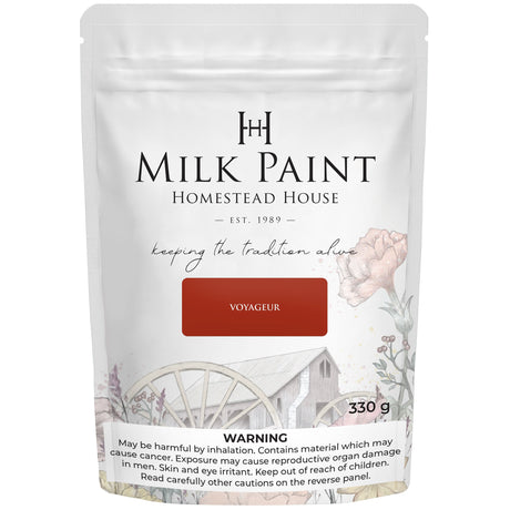 330g Homestead House Voyageur Milk Paint bag with coverage, caution, and warning information shown below.