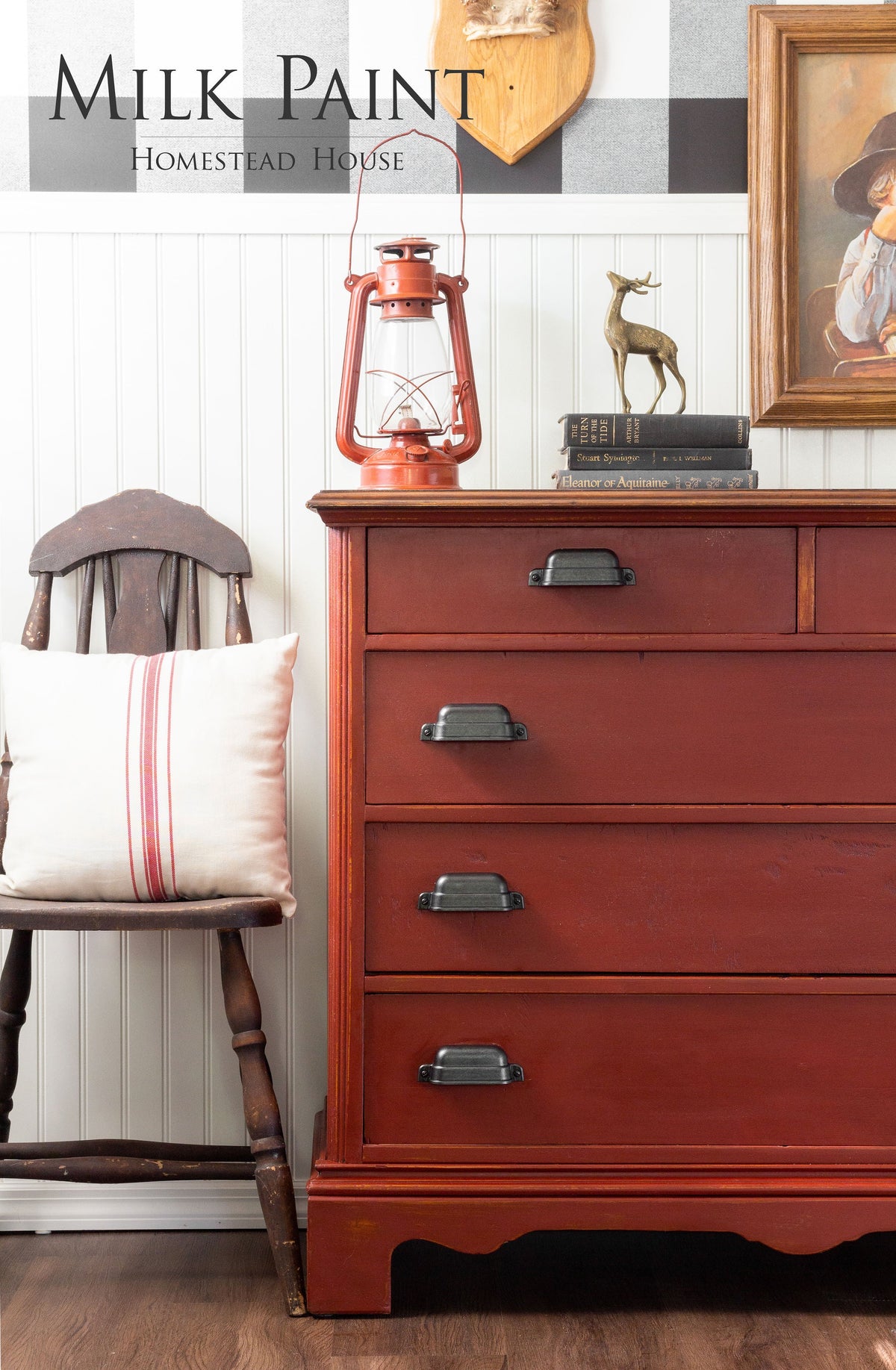 Bold red dresser in Homestead House Voyageur Milk Paint with black handles.