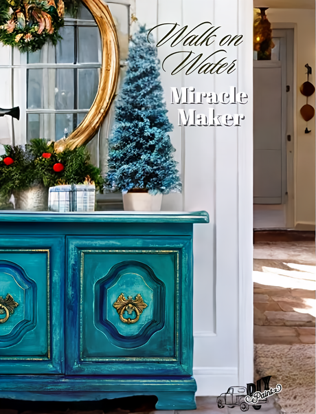 Teal cabinet painted in DIY Paint Co. “Walk on Water,” shown with wreath and blue tree decor.