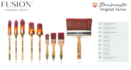 Nine Staalmeester Wall Brush 2910 brushes arranged in a row, numbered 1 to 9.