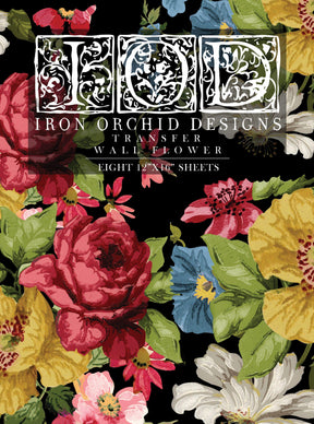 Wall Flower Decor Transfer by Iron Orchid Designs featuring colorful flowers on black, ornate I.O.D. branding above.