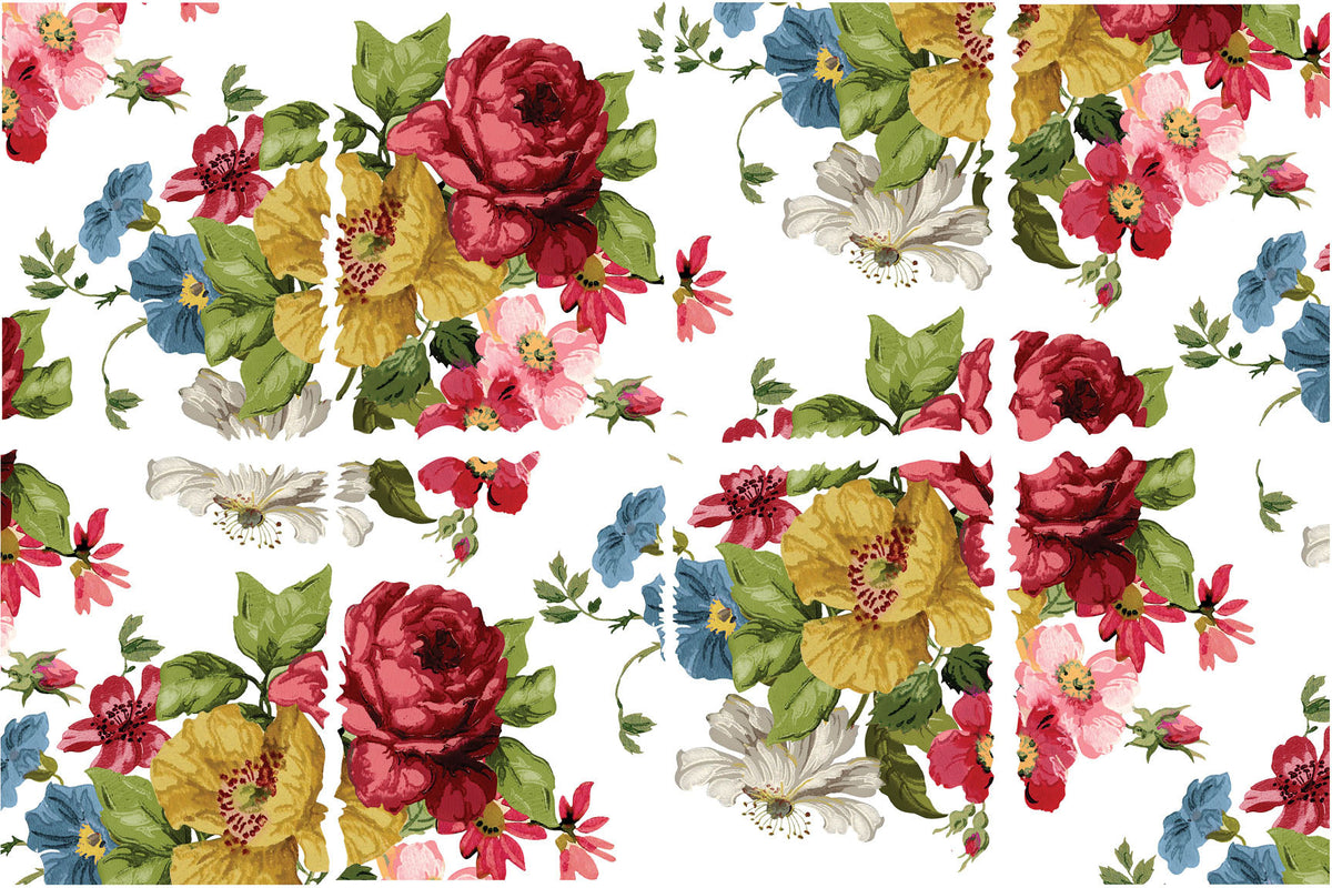 Seamless colorful flower and green leaf pattern on white, inspired by Wall Flower Decor Transfer by I.O.D.
