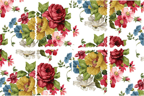 Seamless colorful flower and green leaf pattern on white, inspired by Wall Flower Decor Transfer by I.O.D.