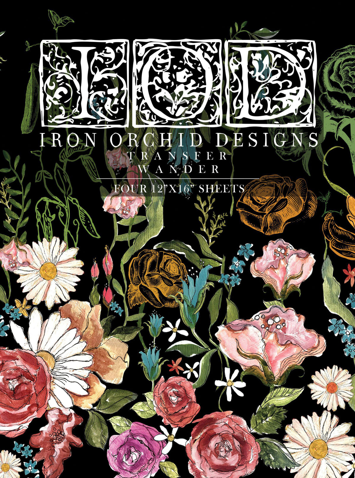 Wander Decor Transfer by I.O.D., ornate white floral design on black, includes 12x16″ sheets.
