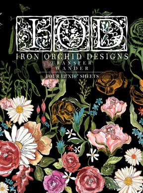 Wander Decor Transfer by I.O.D., ornate white floral design on black, includes 12x16″ sheets.