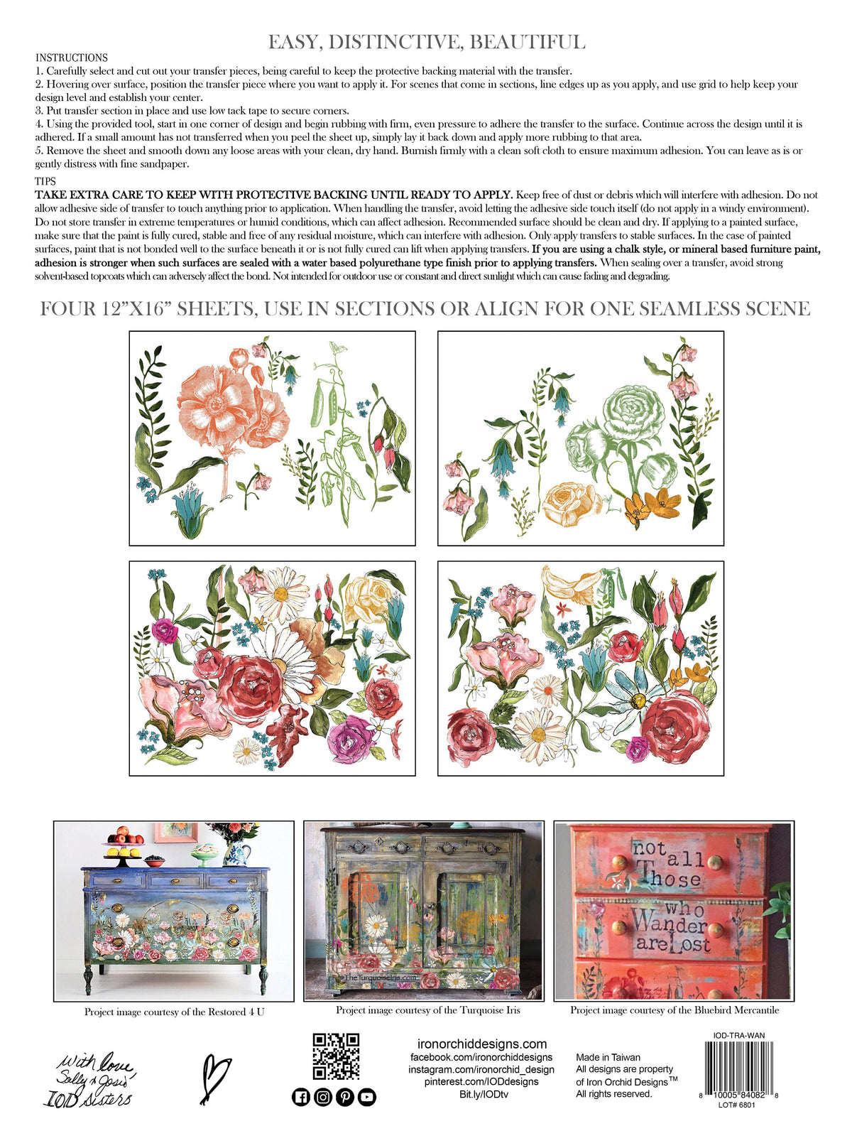 Four floral decal sheets, Wander Decor Transfer by I.O.D. Iron Orchid Designs, for furniture or book decoration.
