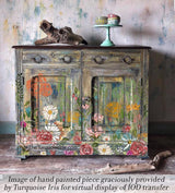 Wooden cabinet featuring I.O.D. Wander Decor Transfer florals, with decor displayed on top.