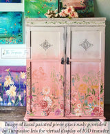 Pink-gradient cabinet with floral art, I.O.D. Wander Decor Transfer, and vibrant designs on the left side.