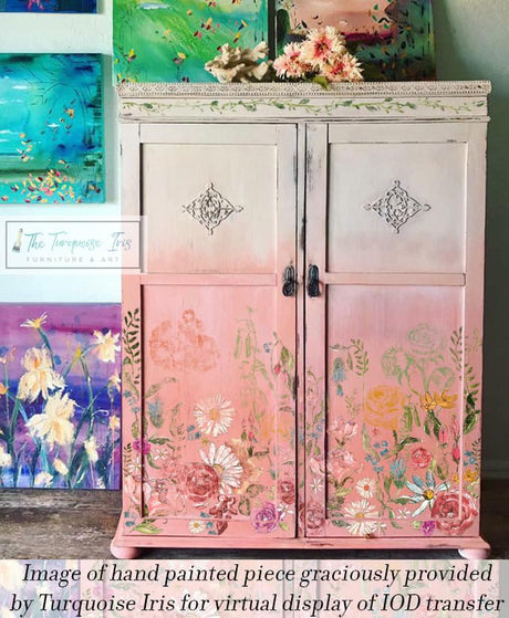 Pink-gradient cabinet with floral art, I.O.D. Wander Decor Transfer, and vibrant designs on the left side.