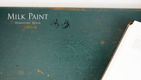 Distressed Waterloo Green Milk Paint surface by Homestead House with an open book positioned on the right side.
