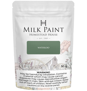 50g pouch of Waterloo Green Milk Paint by Homestead House with health warnings and vintage-style label.